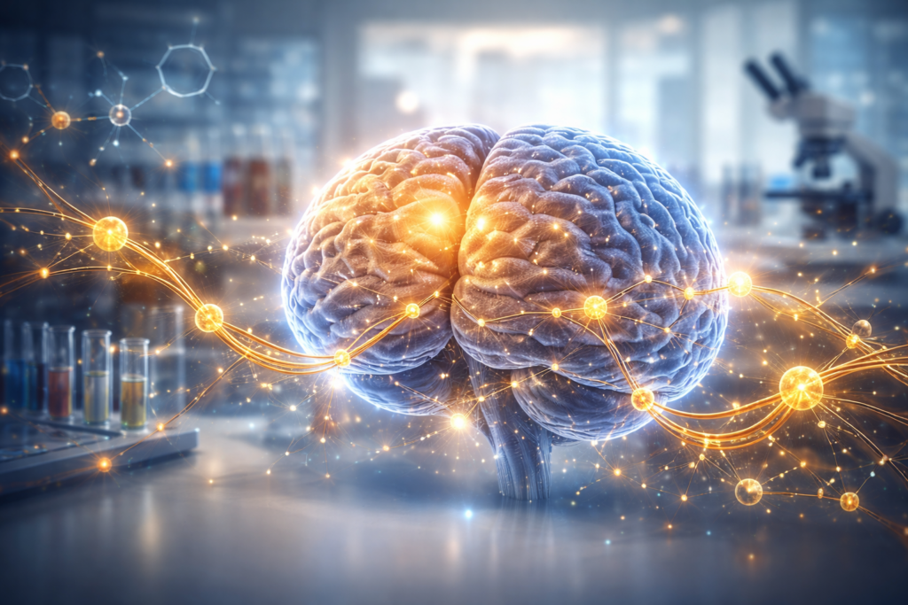 Medical illustration showing research on Alzheimer’s and memory loss treatment targeting cognitive decline